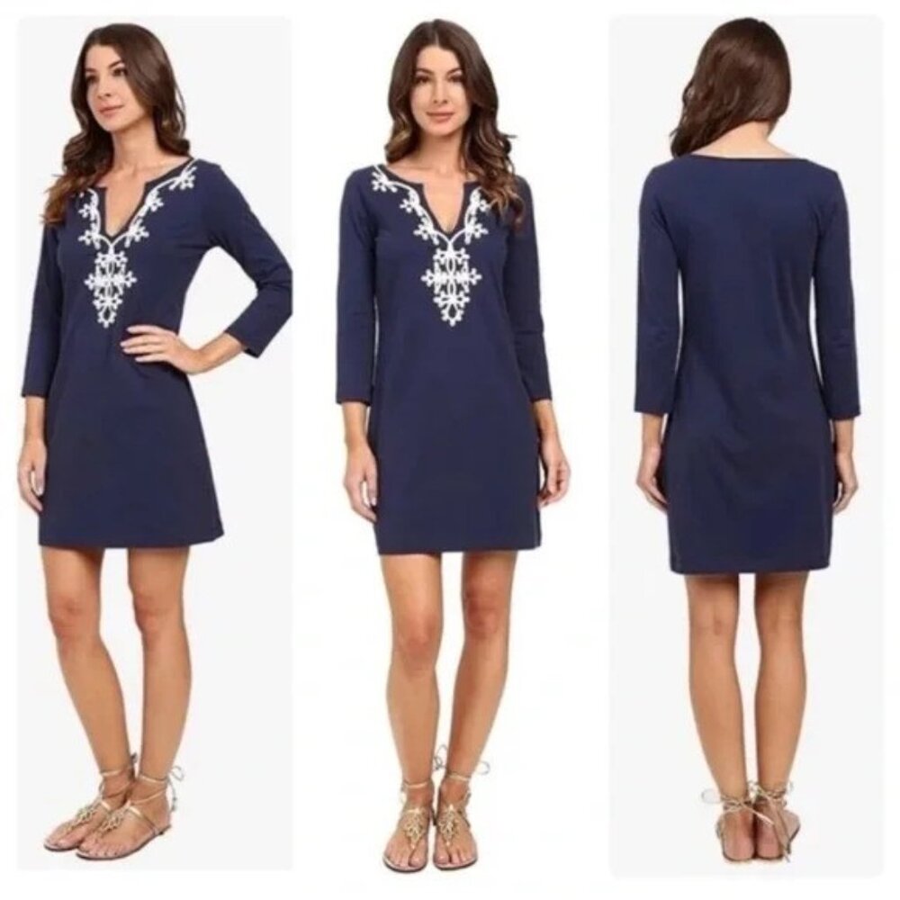 Lilly Pulitzer Marina Dress Navy Embroidered 3/4 Sleeve Pima Cotton Size Large